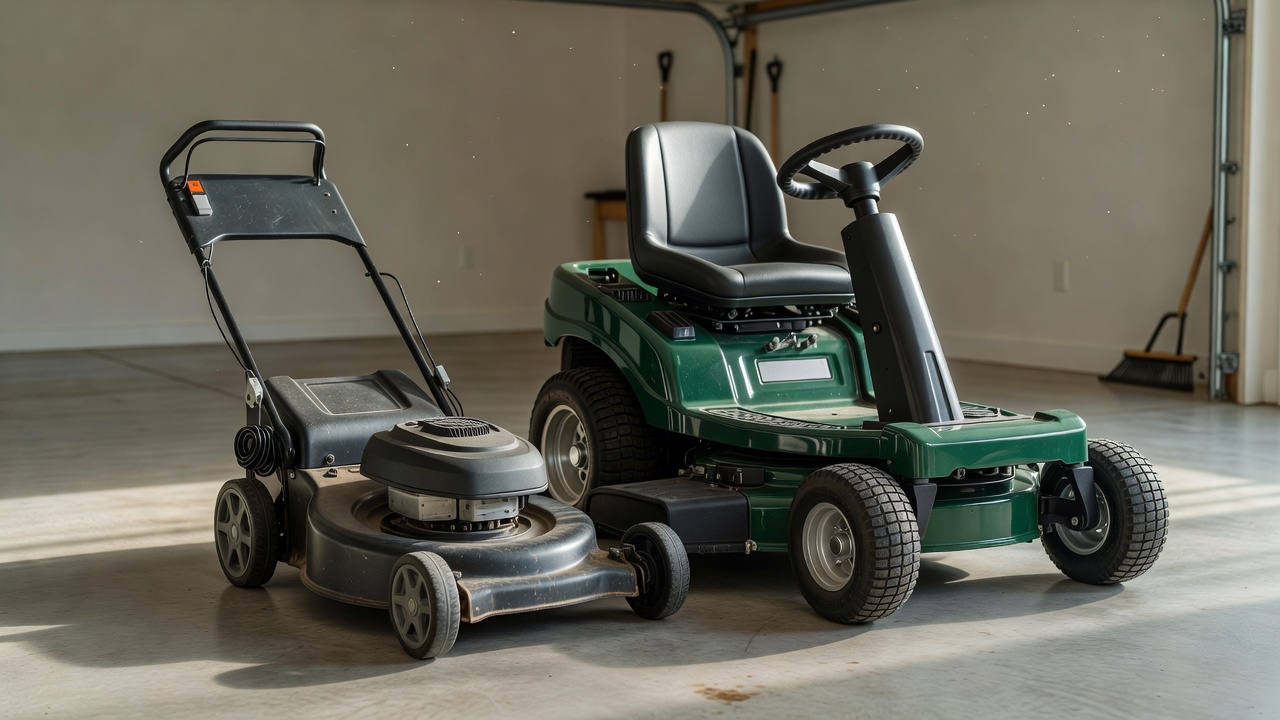Does a Lawn Mower Have an Alternator? (How the Electrical System Works) A push mower and a riding mower parked side by side in a garage.