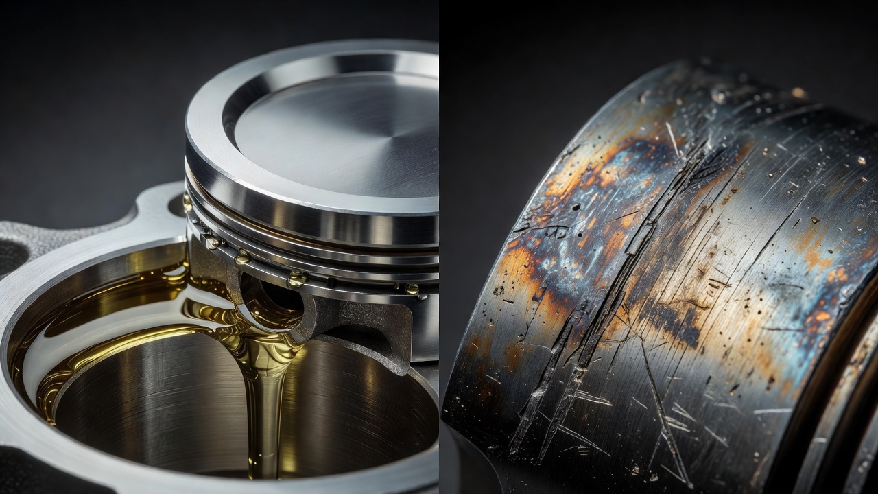 Lubricated engine piston versus dry scored metal surface showing why oil is critical in a gas engine