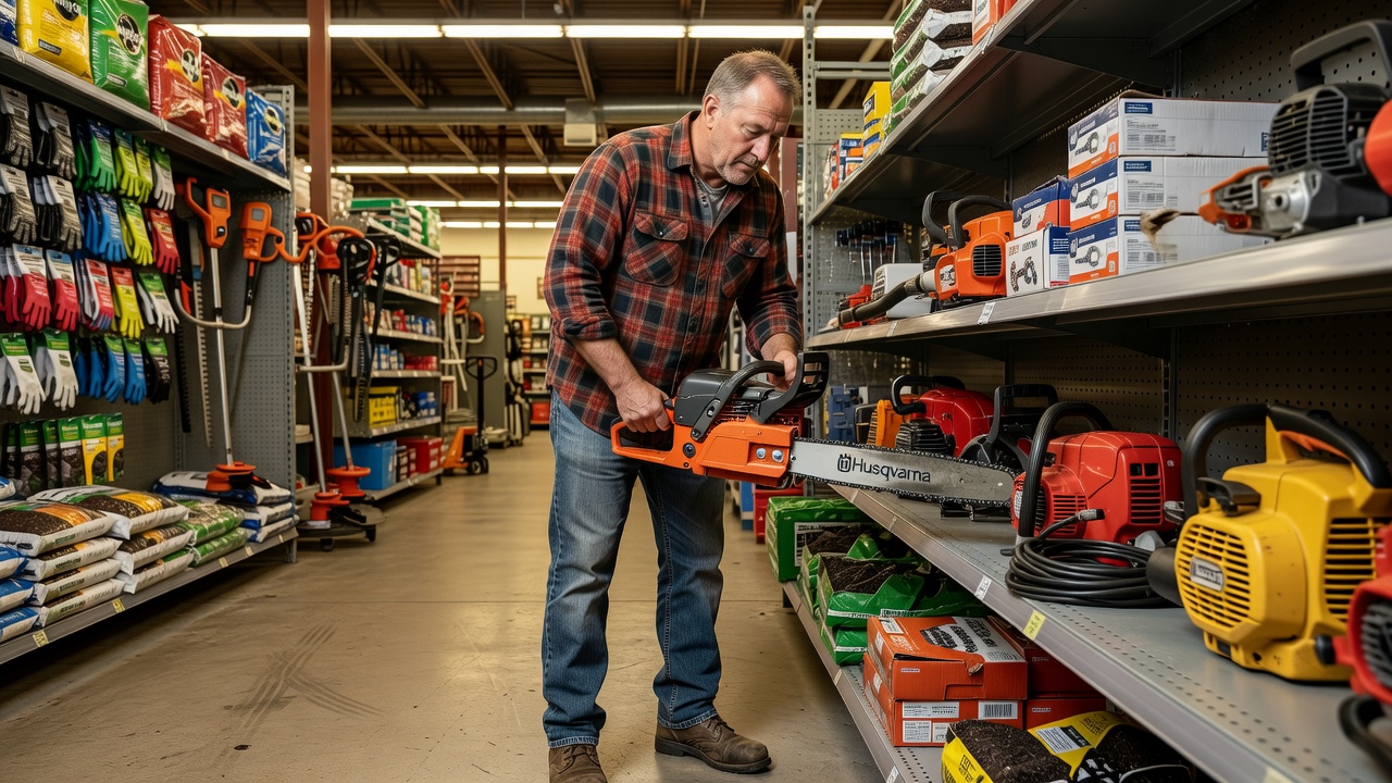 Customer browsing outdoor power equipment display in a home improvement store