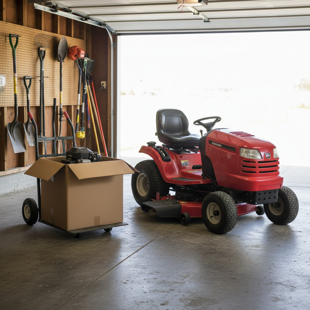 Boxed walk-behind mower beside a much larger riding mower in a garage