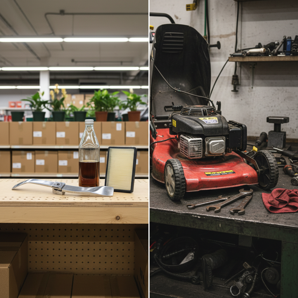 Retail mower supplies beside a small-engine workshop bench