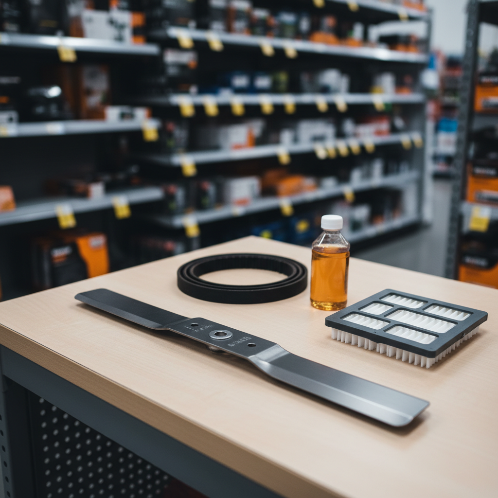 Unbranded mower blade, belt, and maintenance supplies on a store table