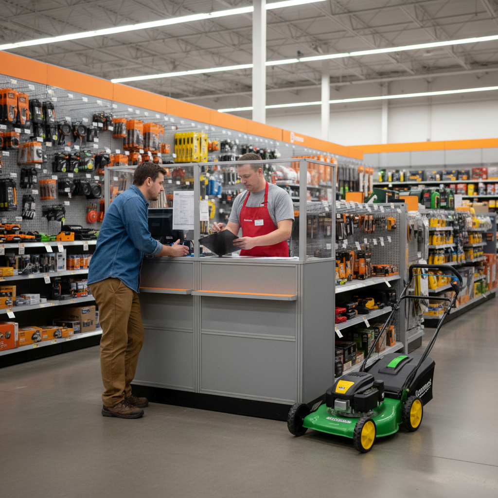 Customer speaking with a clerk at an in-store equipment rental counter