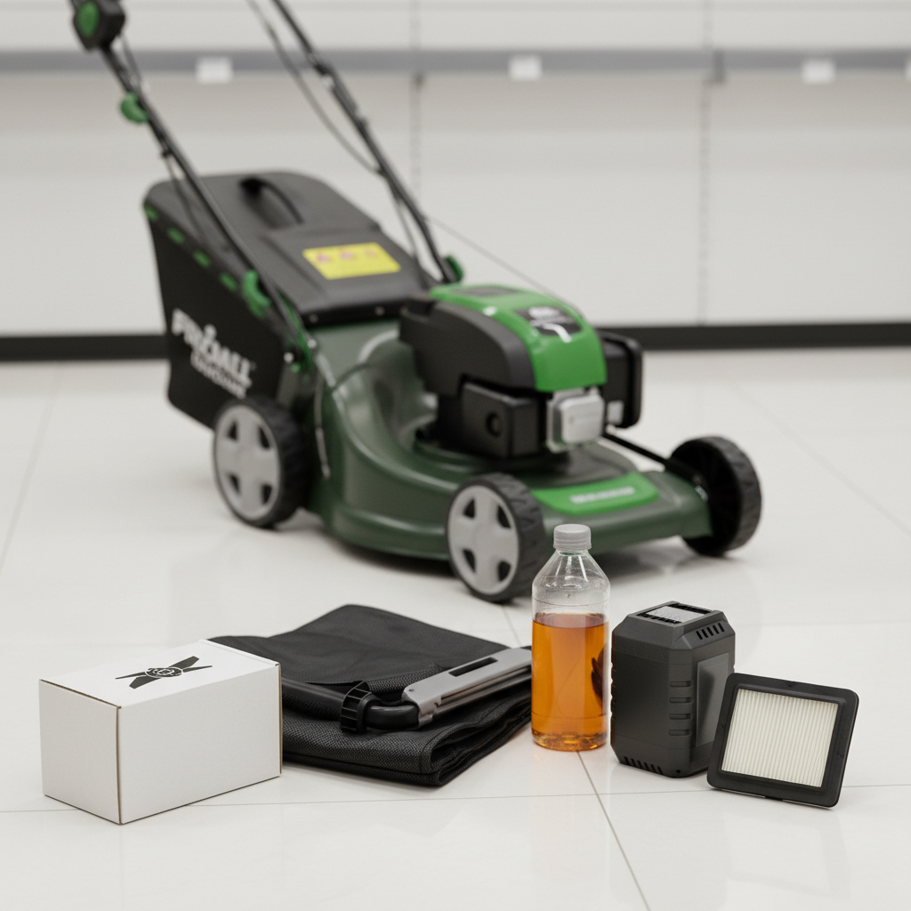 Replacement mower blade, bag, oil, battery, and filter on a store counter