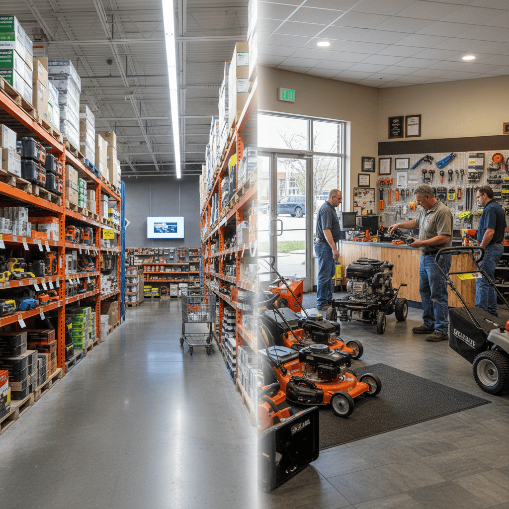 Visual contrast between big-box retail and specialized dealer environments