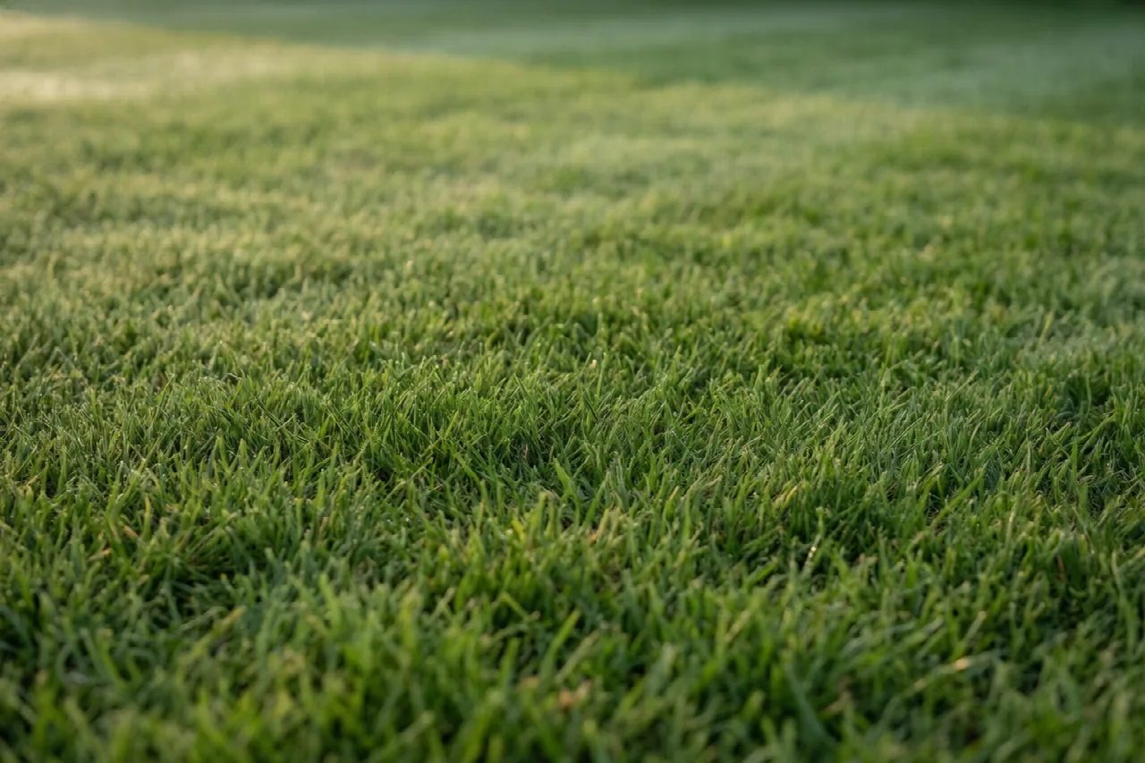 Freshly mowed lawn with new green leaf tips in a dense canopy