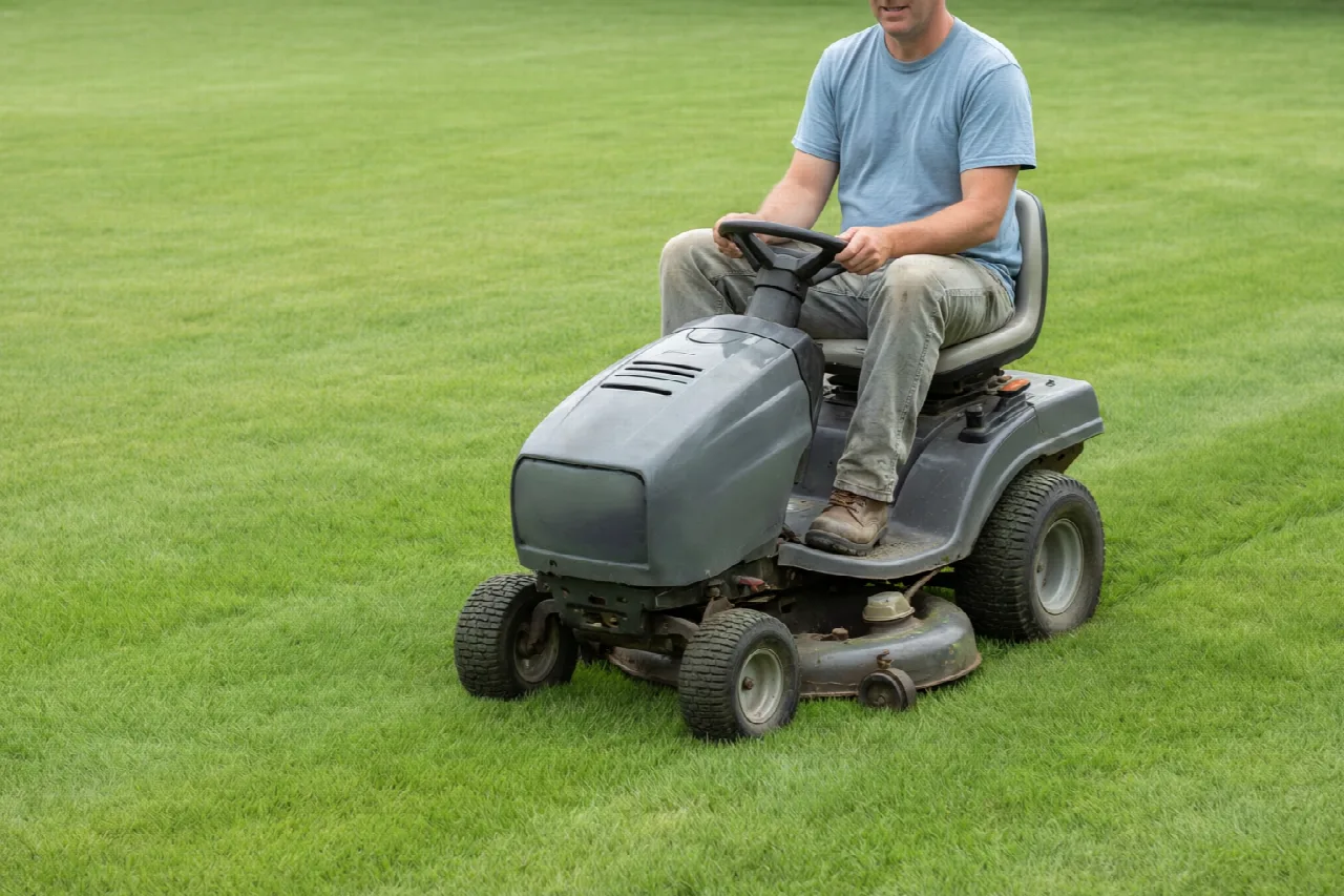 Person riding a lawn mower slowly across a large flat lawn
