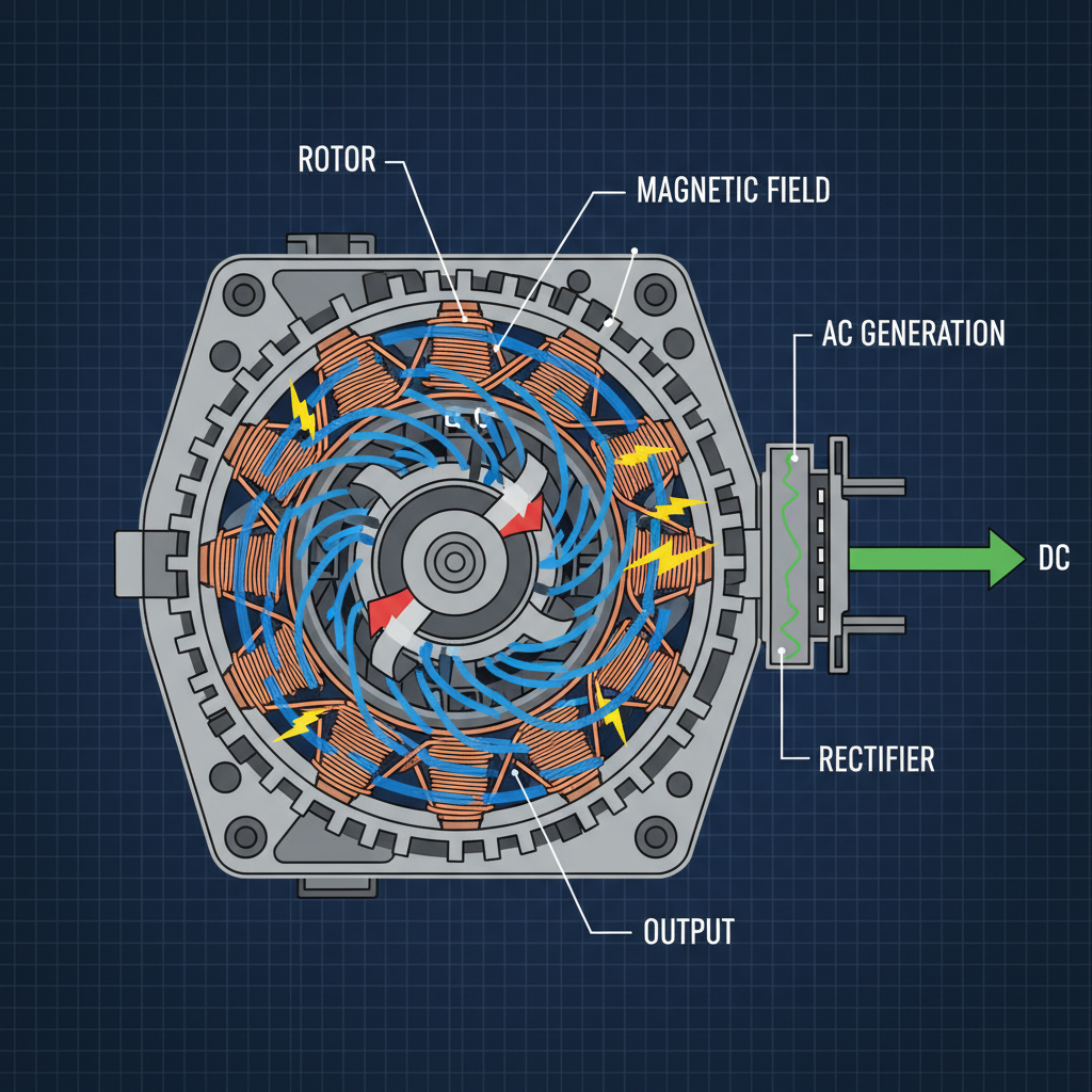 Do Riding Lawn Mowers Have Alternators? How They Work & When They're Needed Alternator cross-section showing rotor, stator, magnetic field, and electrical generation process