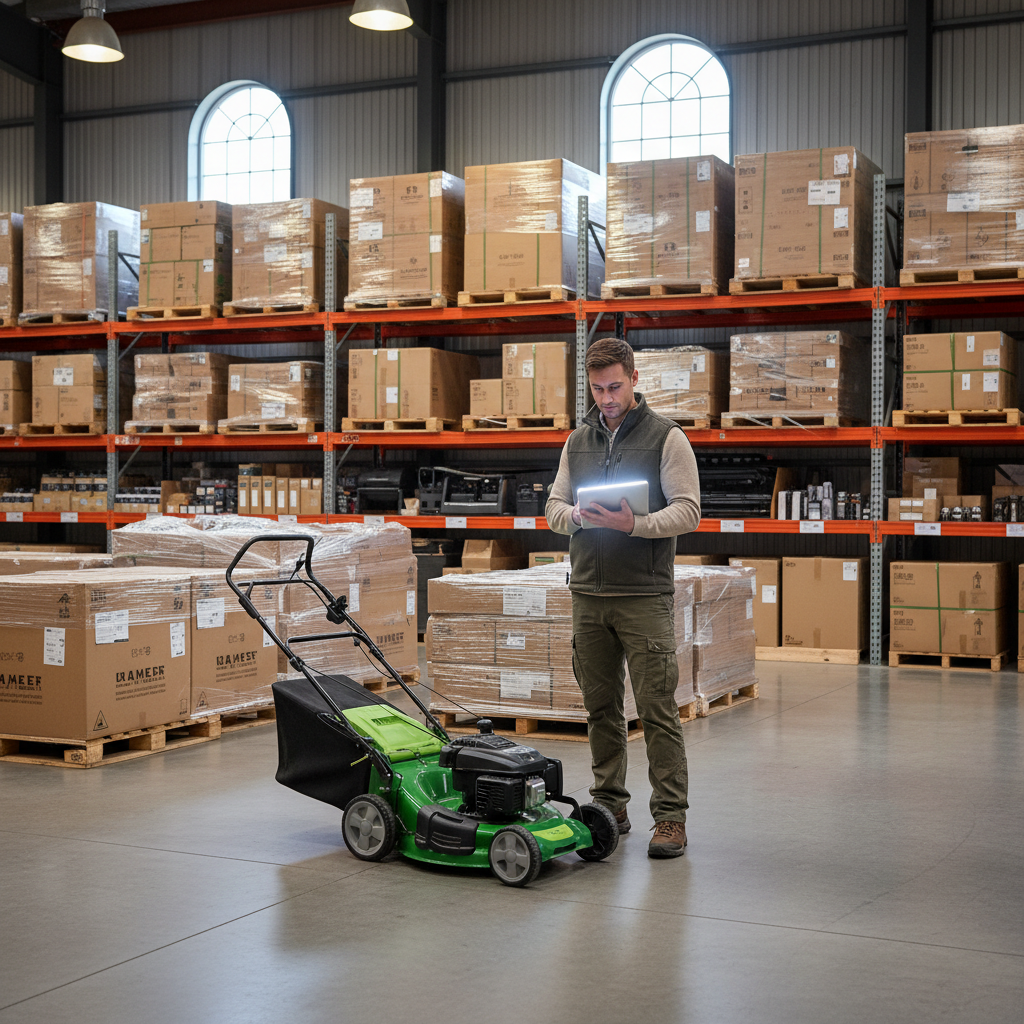A shopper stands beside a warehouse lawn mower while holding a blank tablet.