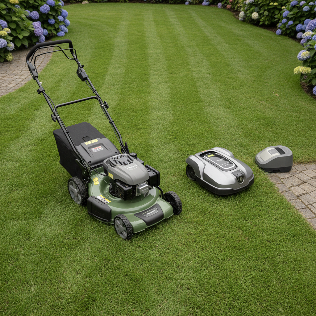 Walk-behind mower and small robotic mower parked on a lawn