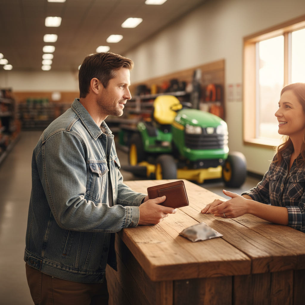 Customer talking with a cashier near a riding mower at a farm store counter