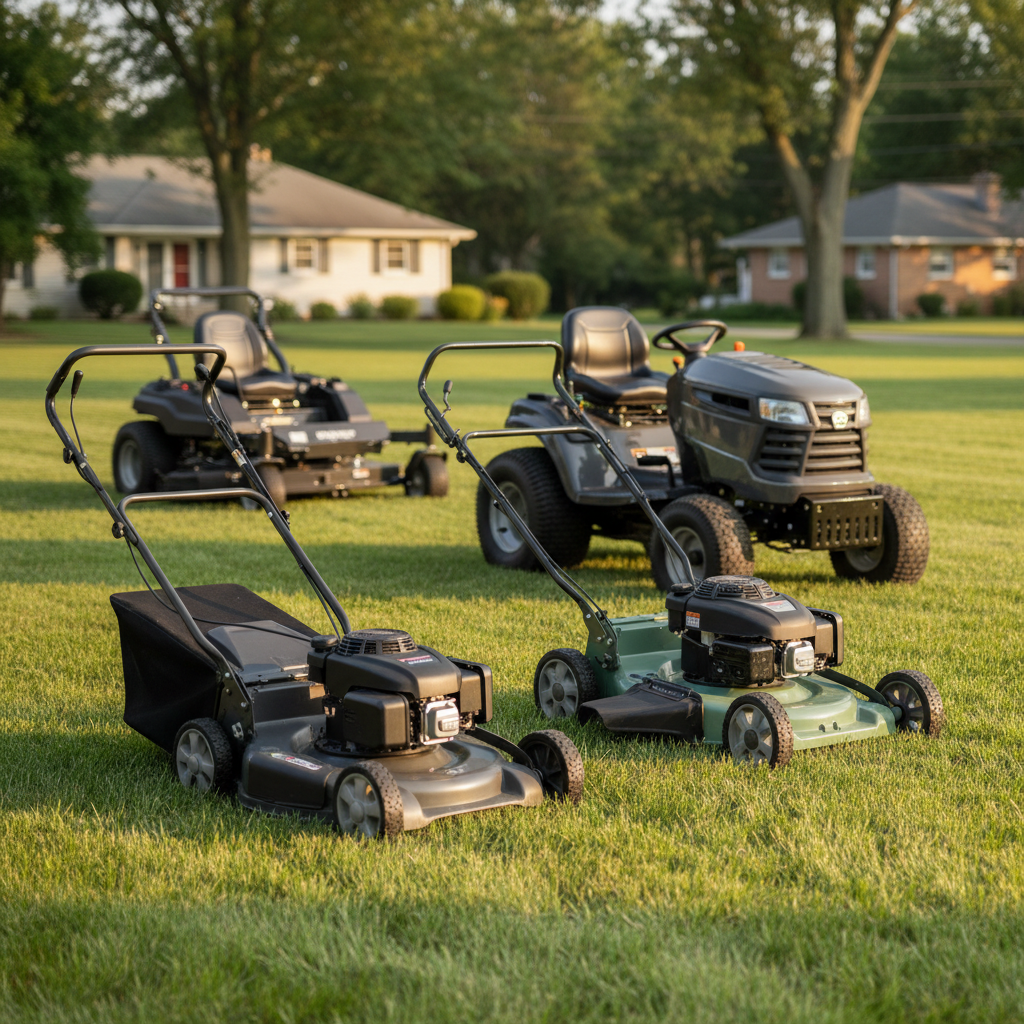 Several unbranded walk-behind, riding, and zero-turn mowers on a cut lawn.