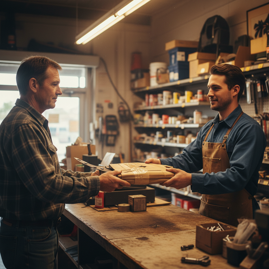 A customer hands a cardboard-wrapped mower blade to a store clerk.