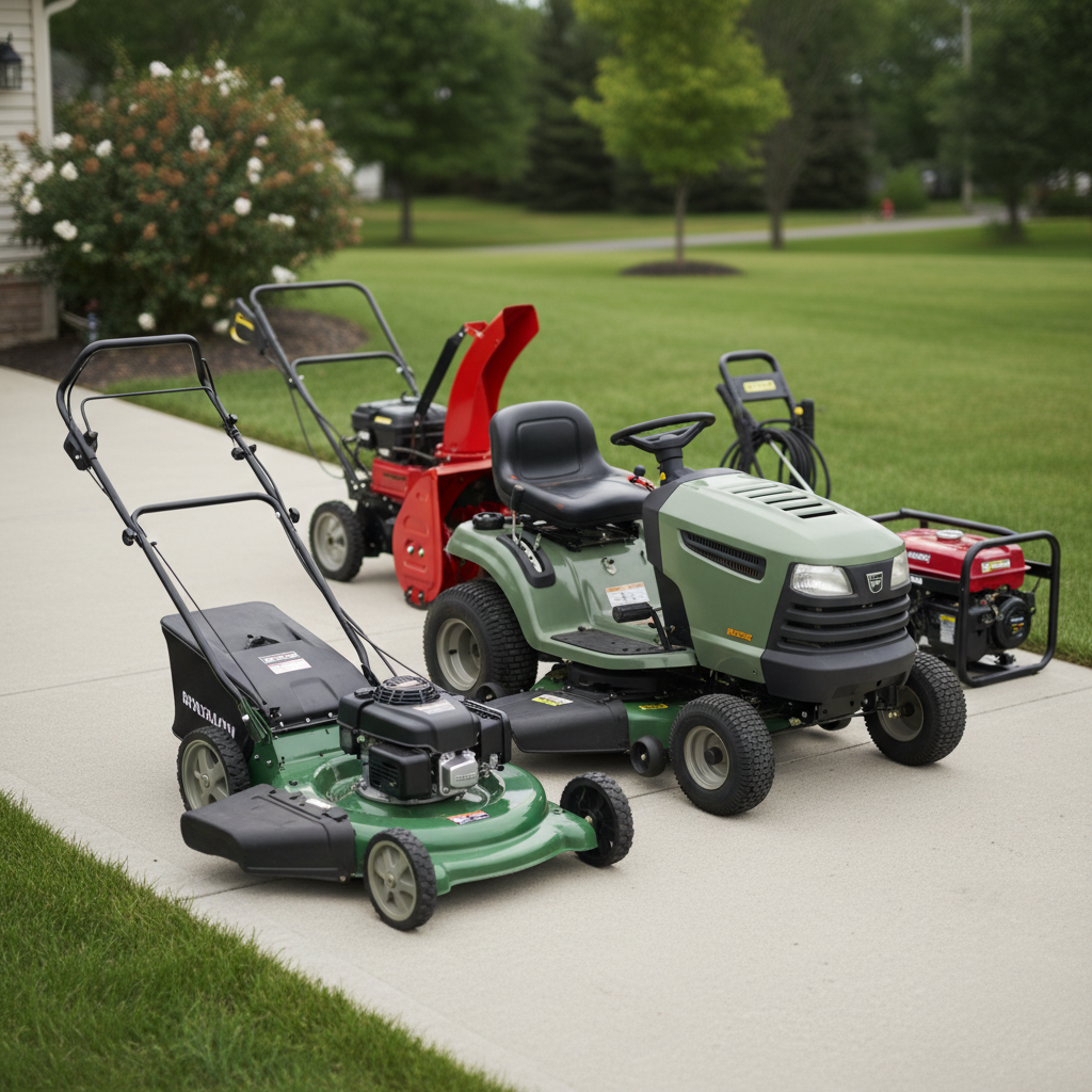 Idle mowers, snow thrower, washer, and generator parked on a driveway