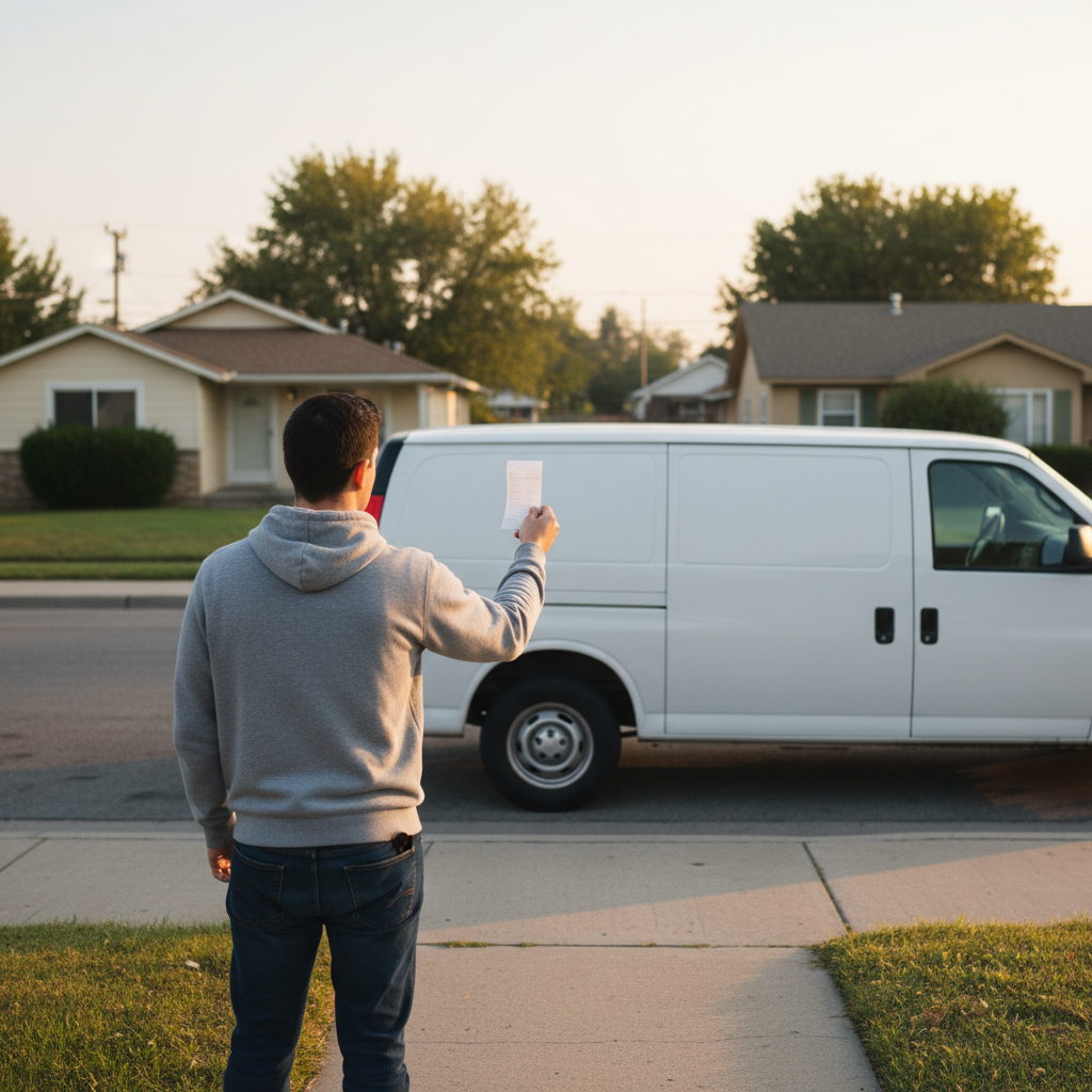 Person holding a folded paper while looking at an unmarked work van