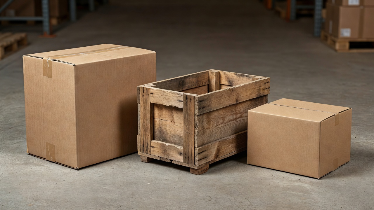 Three lawn mower packaging types — cardboard carton, wooden freight crate, and compact retail box — displayed side by side