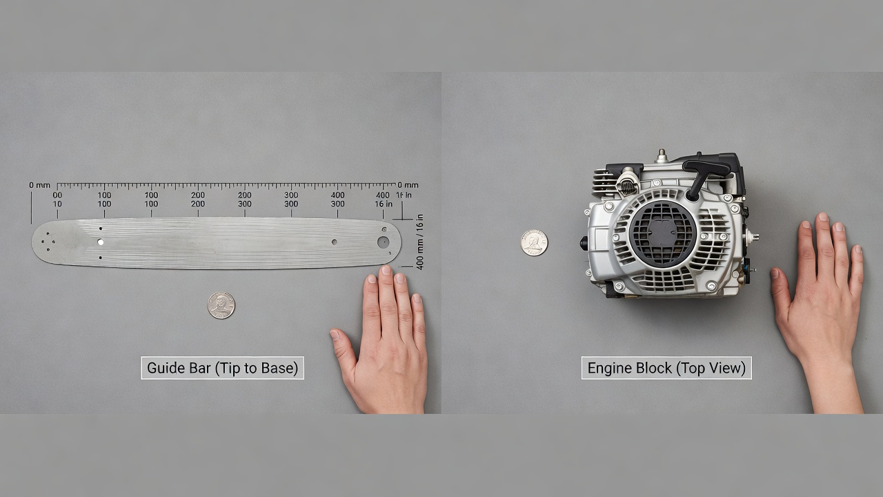 Side-by-side comparison of a chainsaw guide bar with measurement markings and an engine block showing relative size components