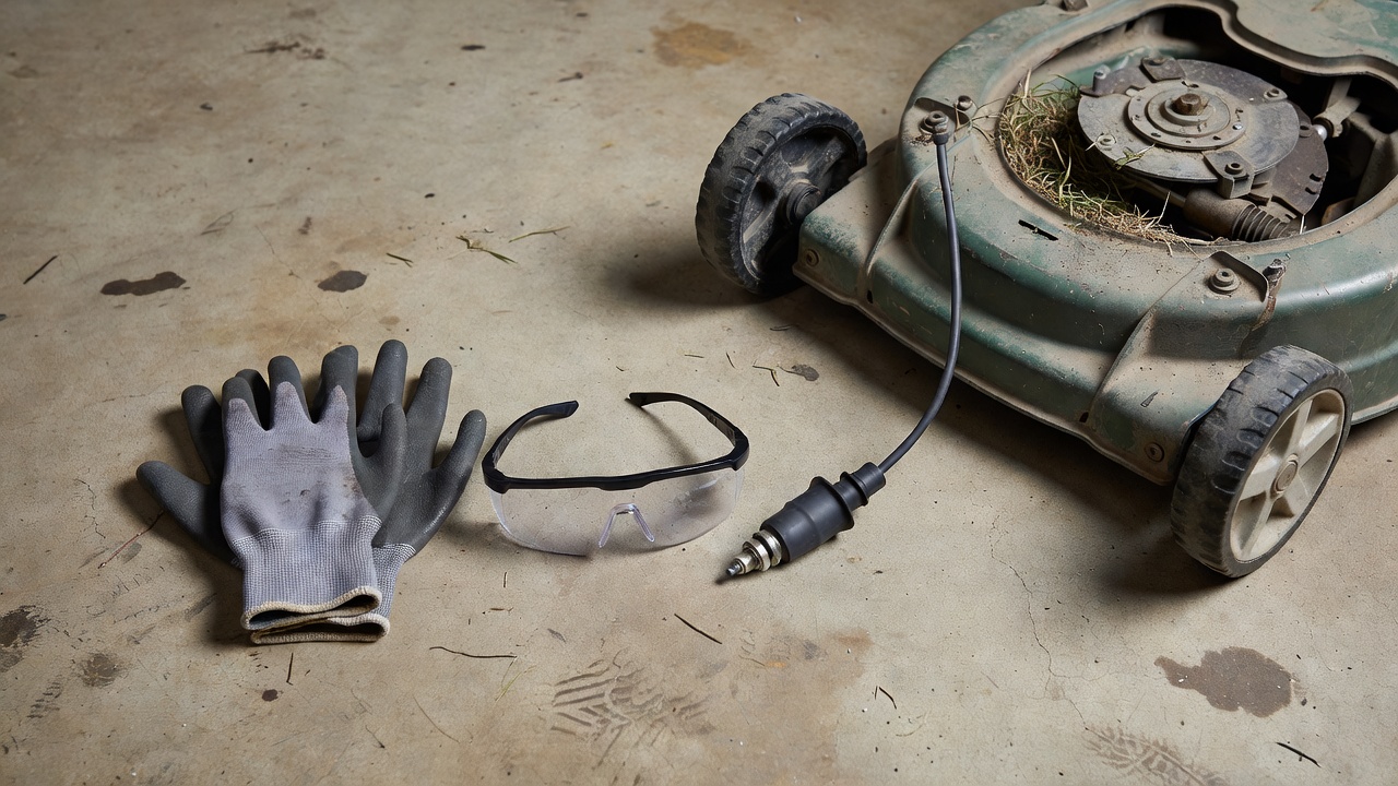 Safety gear including gloves and glasses laid out next to a disconnected spark plug wire before mower blade work