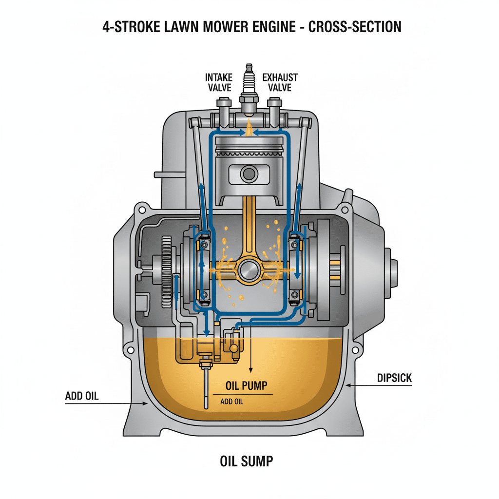 Cross-section diagram of a 4-stroke lawn mower engine showing oil system components