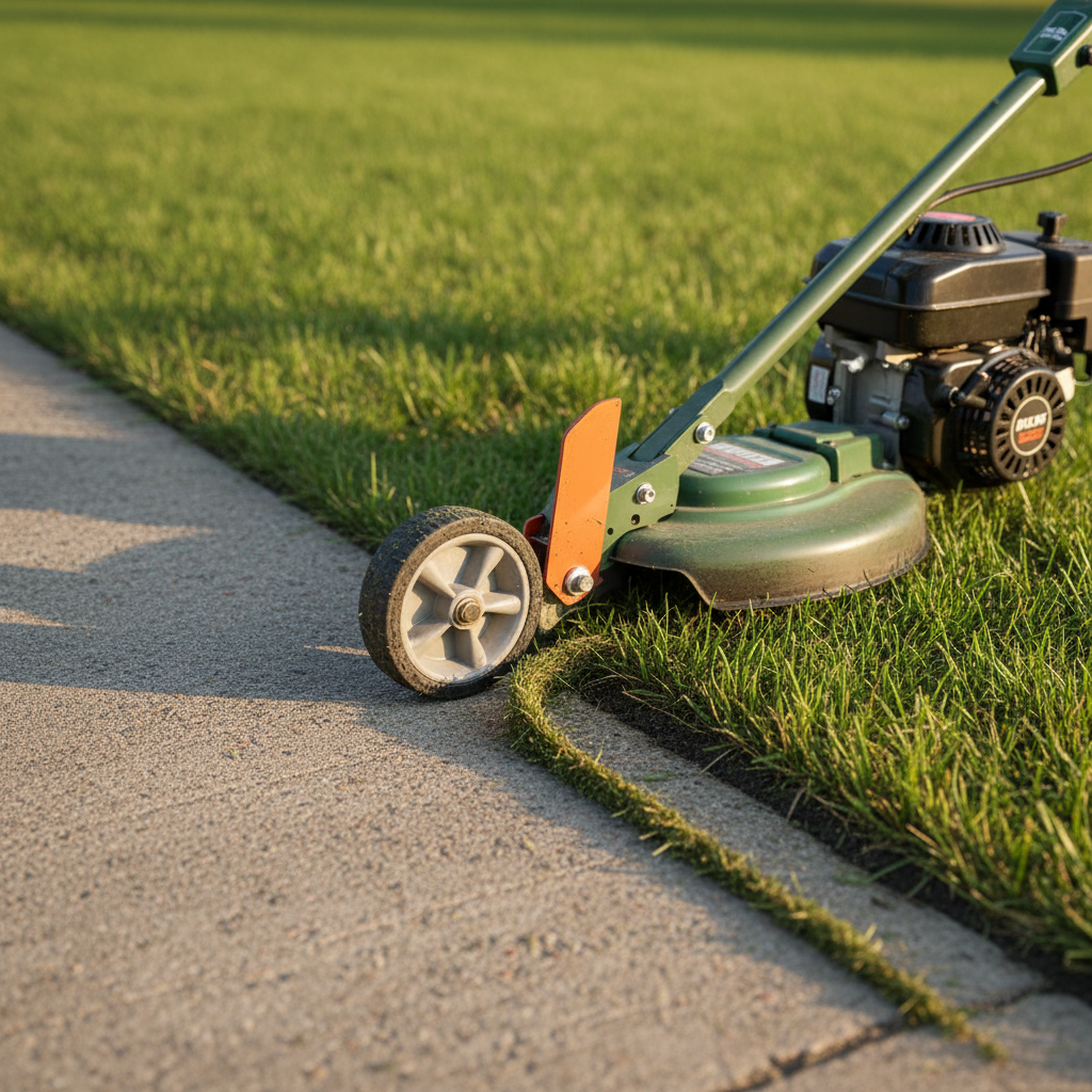 Stick edger with guide wheel on pavement making a vertical cut at the lawn edge