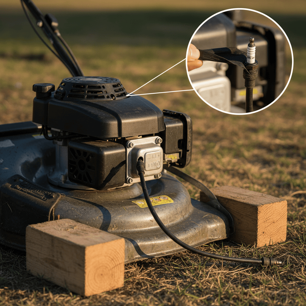 Push mower tipped on its side with air filter facing up and spark plug wire disconnected for safety