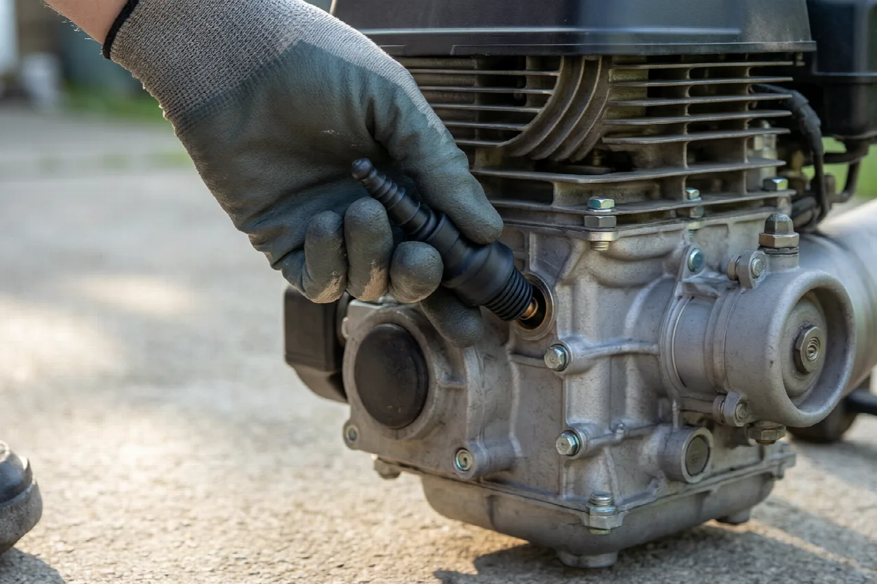 Gloved hand disconnecting a spark-plug wire on a cooled lawn mower