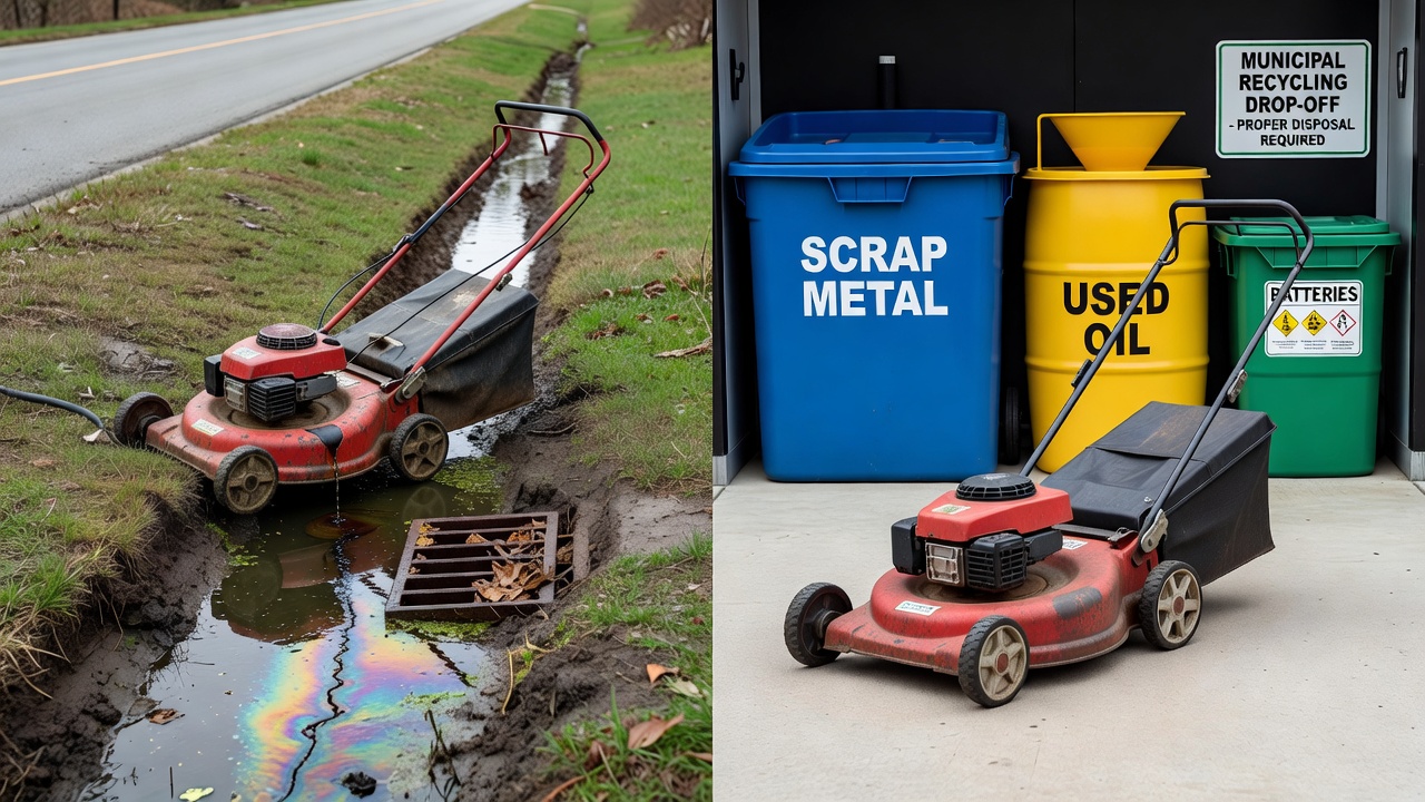 Contrast between improper roadside dumping of a lawn mower with fluid leakage and proper municipal recycling drop-off with separated waste streams.