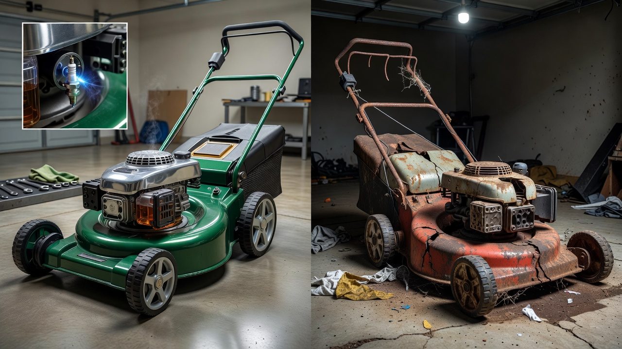Side-by-side comparison of a functional lawn mower versus a non-functional, rusted mower