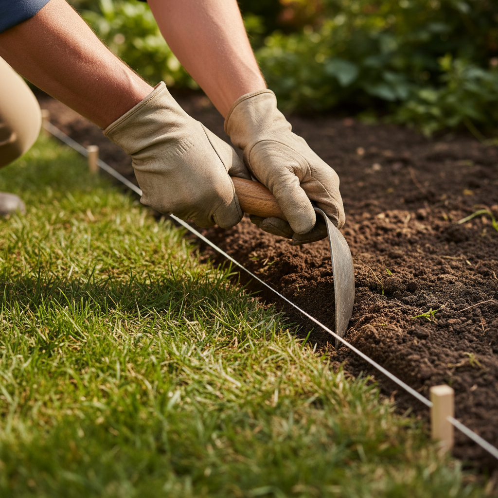 Direct Answer: How to Edge a Flower Bed Gardener cutting a clean edge along a marked flower bed boundary
