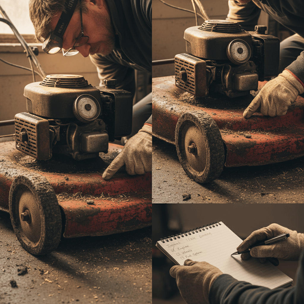 Person systematically inspecting a lawn mower's condition including engine, rust, wheels, and fuel tank