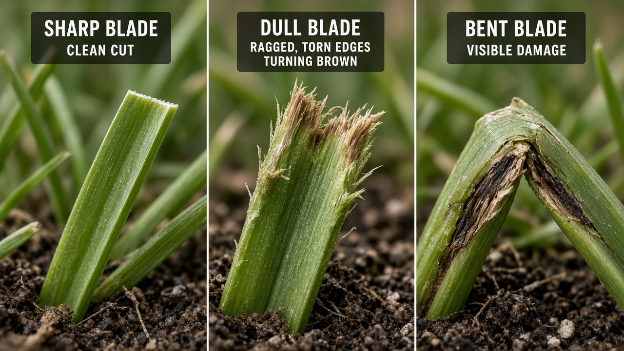Three-part comparison of sharp blade cutting cleanly, dull blade tearing grass raggedly, and damaged bent blade