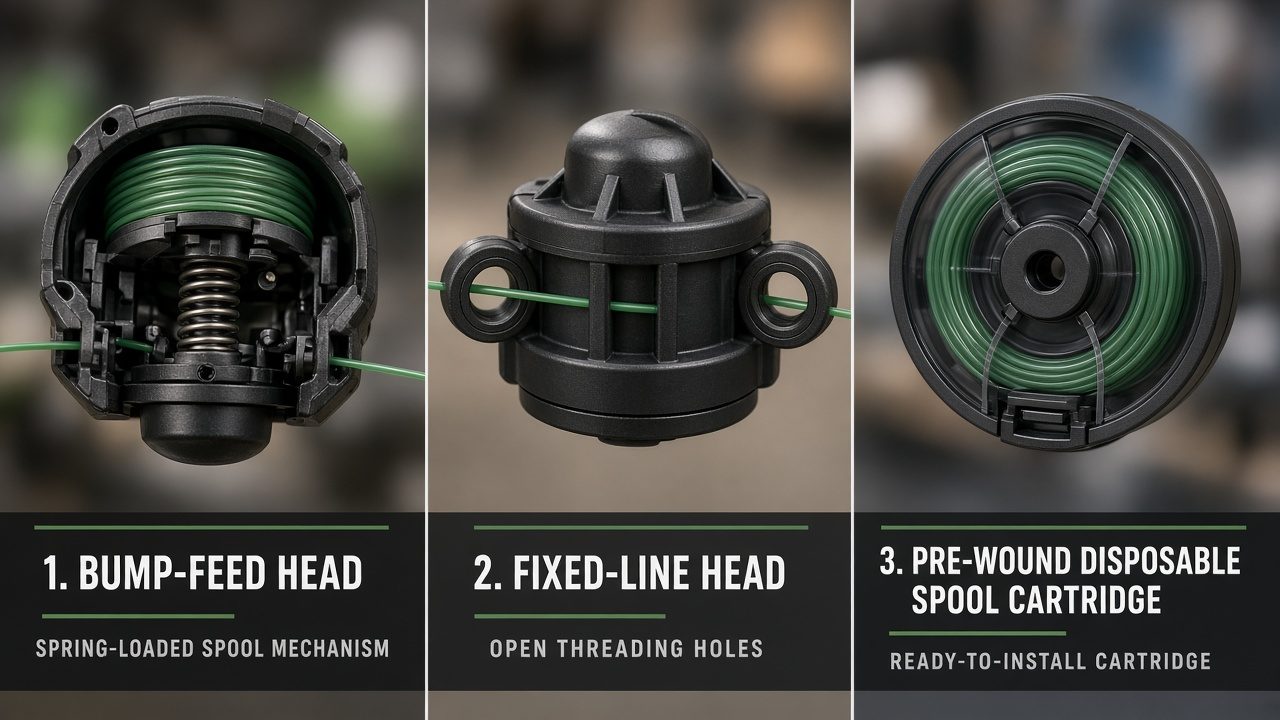 Three types of trimmer heads displayed for comparison: bump-feed, fixed-line, and pre-wound spool