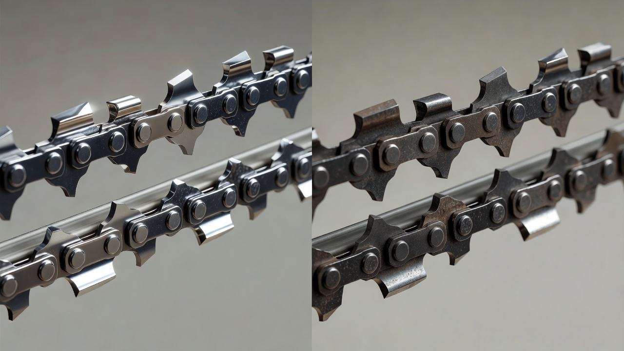 Side-by-side comparison of a sharp chainsaw chain versus a dull chain