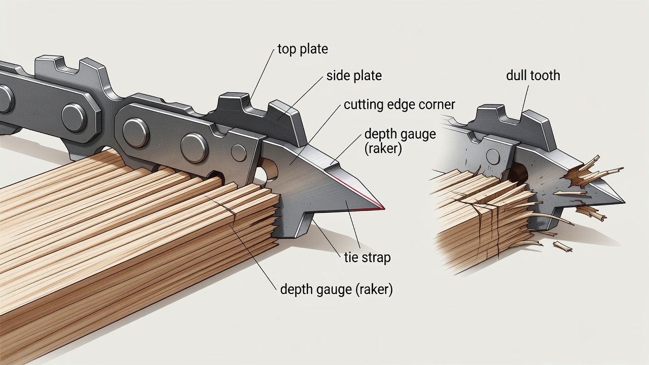 Diagram of chainsaw cutter tooth anatomy showing top plate, side plate, cutting edge, and depth gauge