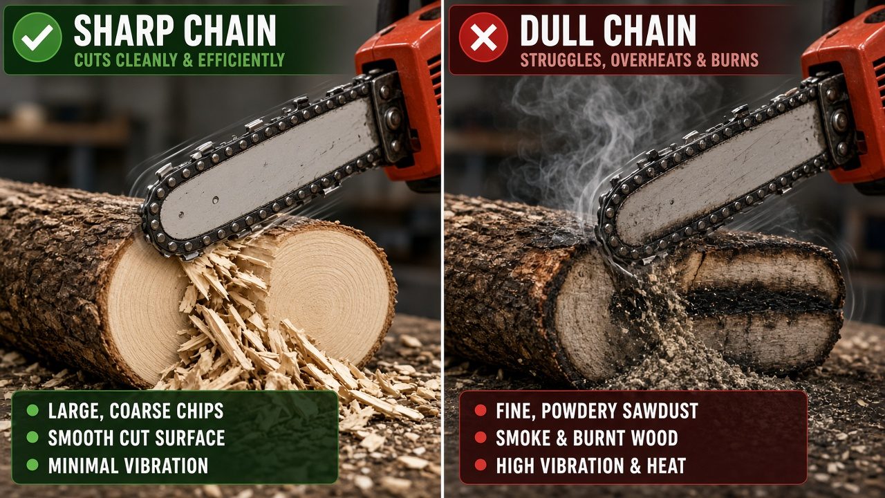 Comparison of sharp versus dull chainsaw chain cutting results showing chips versus sawdust and cut quality differences