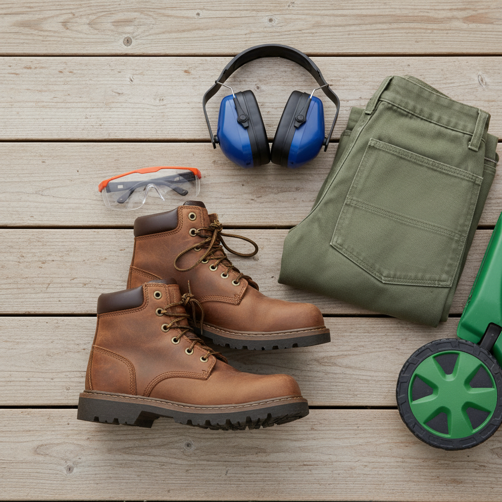 Safety gear for lawn mowing, including shoes, glasses, and hearing protection.