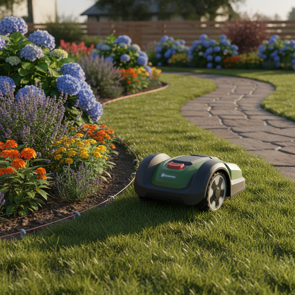 How Do Robot Lawn Mowers Work? Robot lawn mower turning back from a thin boundary wire along a flower bed