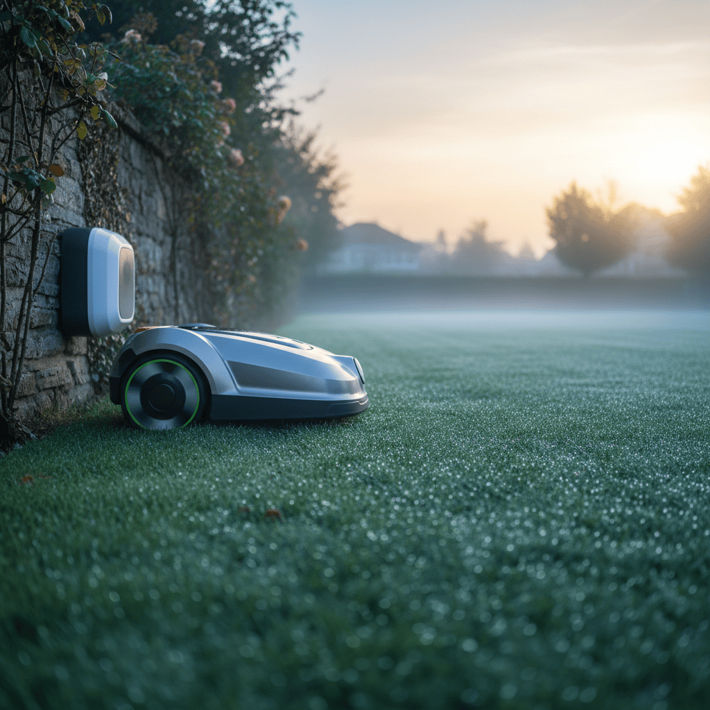 A robotic lawn mower driving away from its charging dock onto a dewy lawn at dawn
