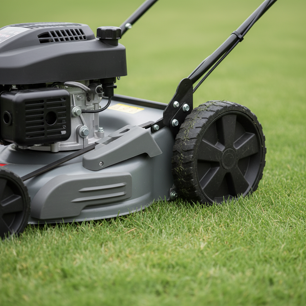 Side view of a walk-behind mower showing the motor housing and a driven wheel