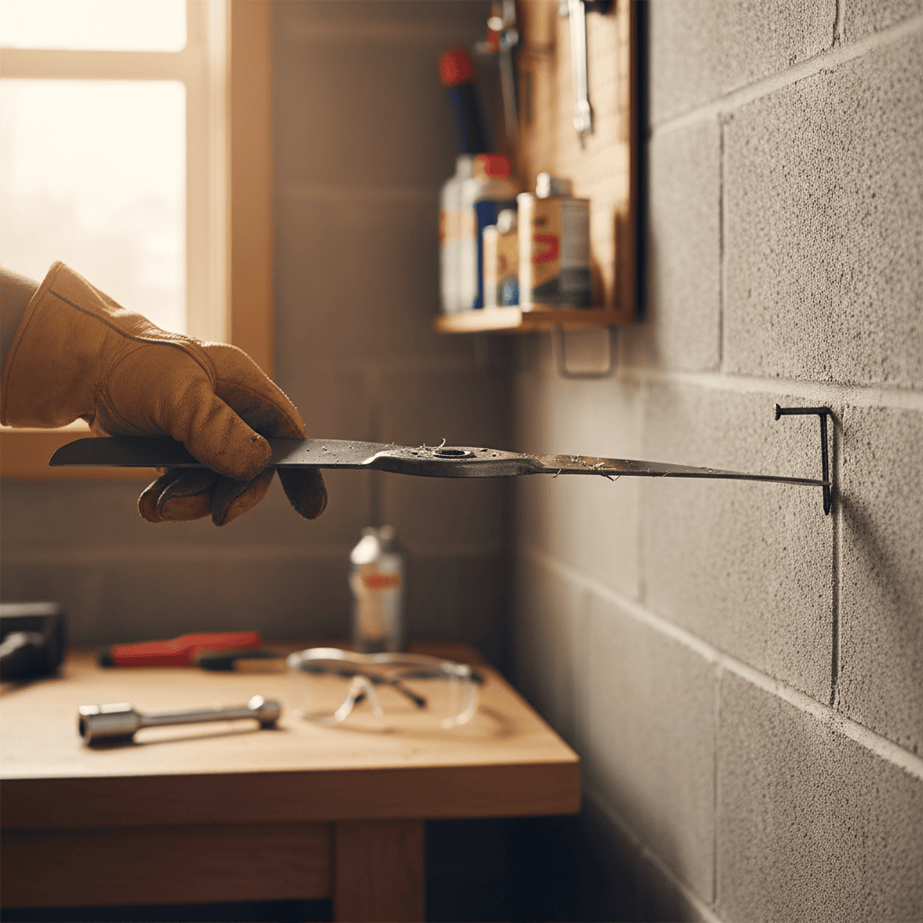 A gloved hand spinning a lawn mower blade on a nail mounted in a garage wall.