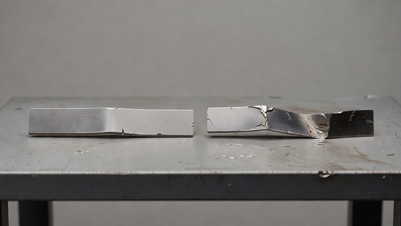 A comparison of a lawn mower blade that can be sharpened versus one that requires replacement due to damage.