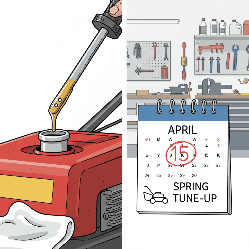How Do You Change Oil in a Lawn Mower? (Step-by-Step Guide) A split scene showing a clean oil dipstick and a calendar page marking a lawn mower oil change schedule.