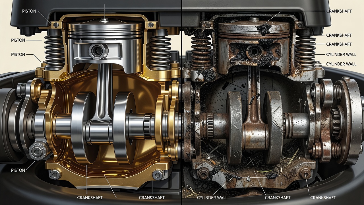 How Do You Change Oil on a Lawn Mower? A Step-by-Step Guide Engine cross-section showing clean lubricated parts versus worn and dirty parts