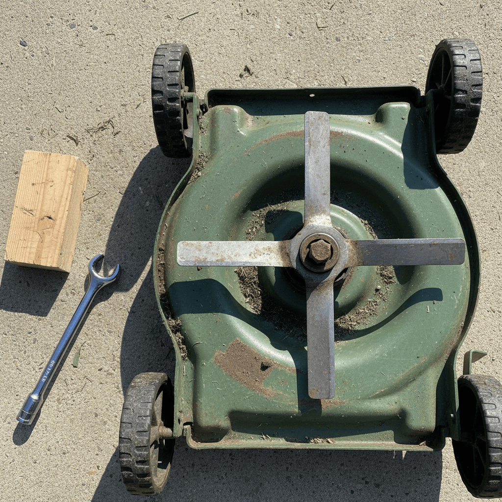 Underside of a tipped lawn mower showing the blade and center bolt with tools nearby