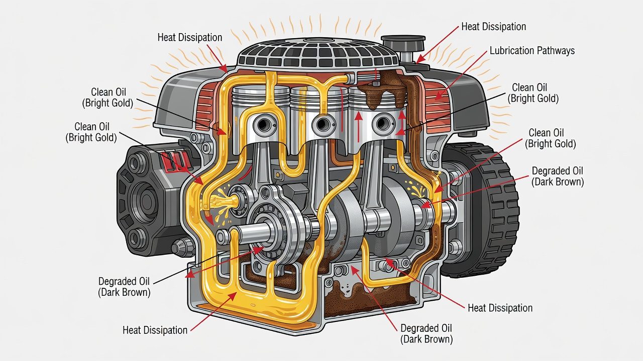 Engine cross-section showing oil lubricating internal components