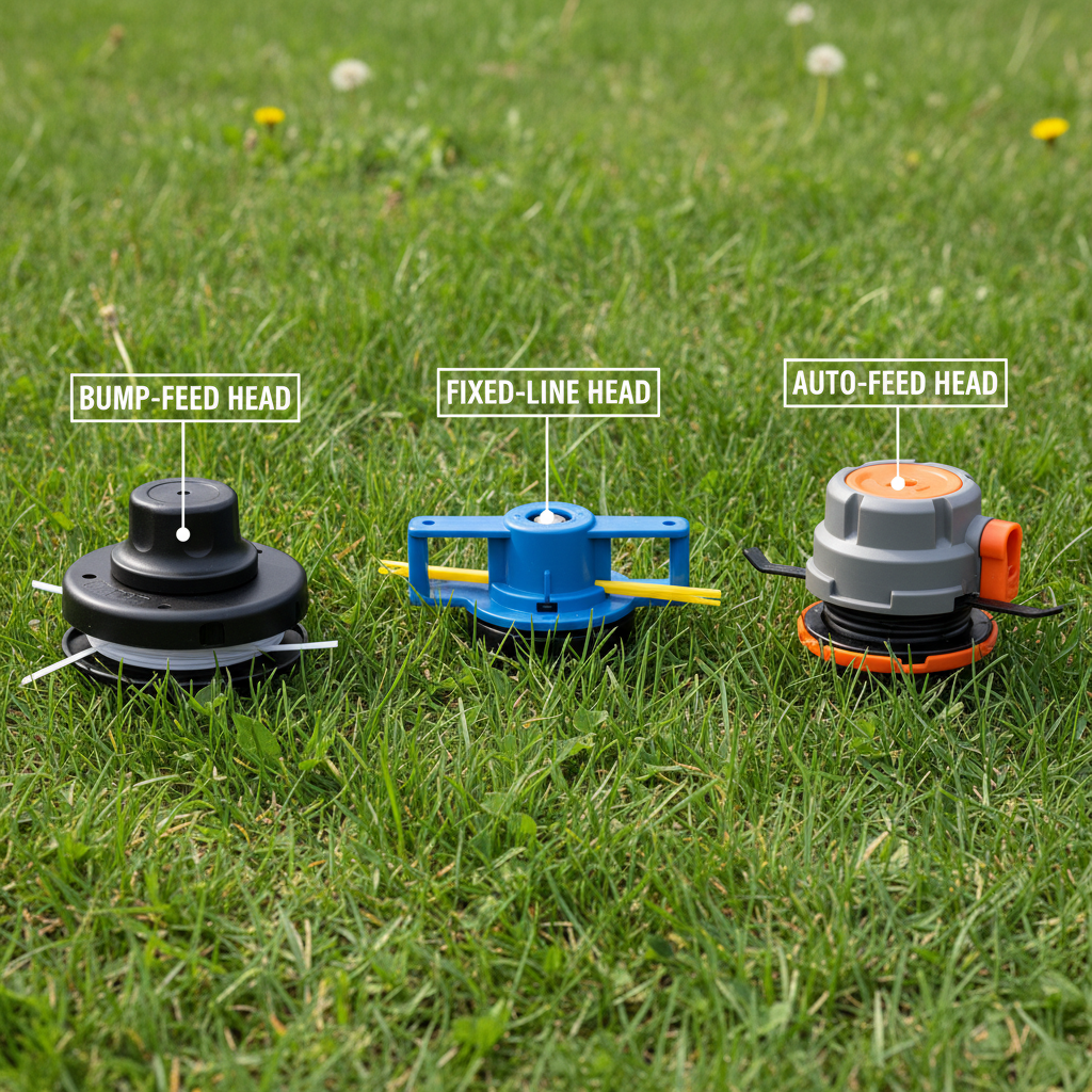 Three types of trimmer heads: bump-feed, fixed-line, and auto-feed.