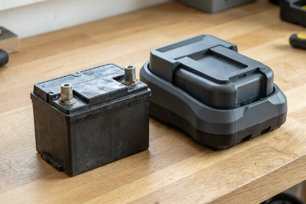How to Charge a Lawn Mower Battery Lead-acid mower battery beside a removable cordless pack in its charging dock