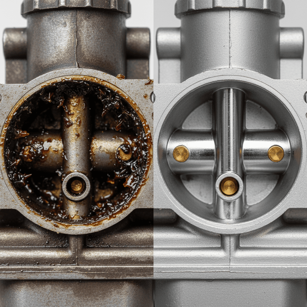 Comparison of a dirty and clean carburetor interior