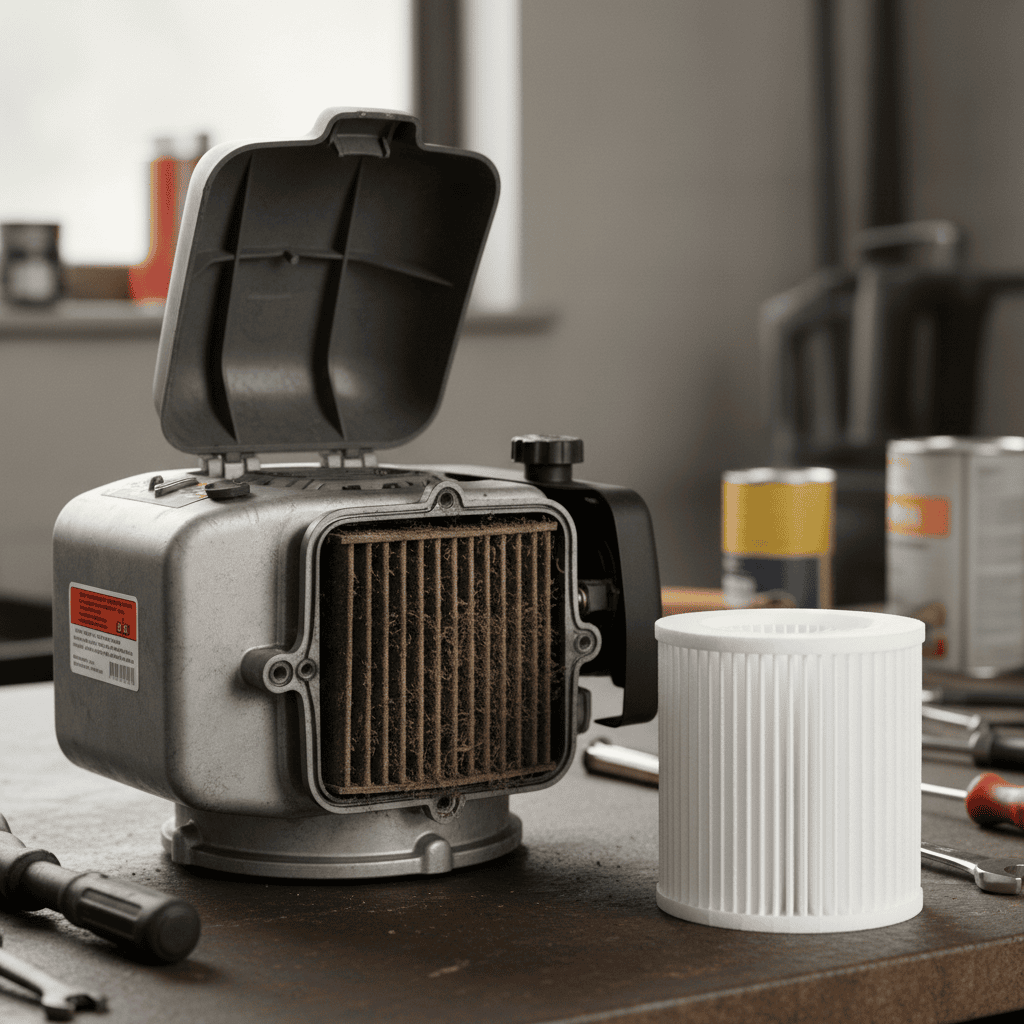 Dirty and clean lawn mower air filters side by side in an open engine housing