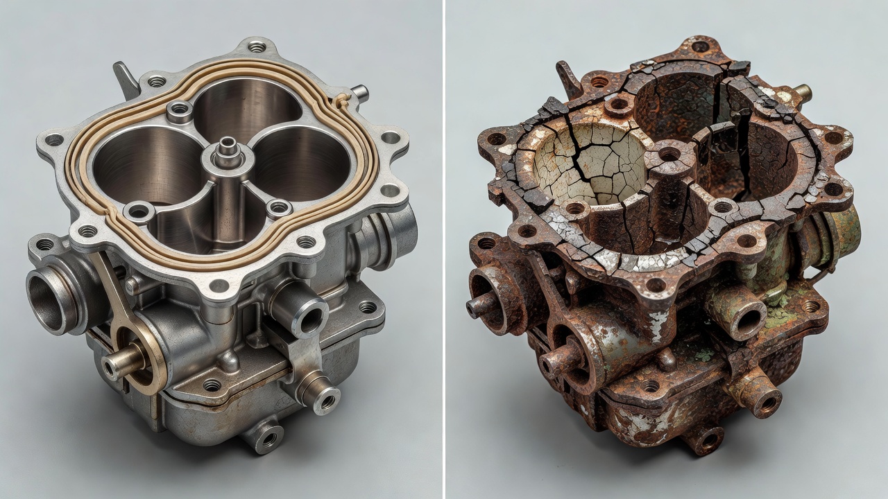 Side-by-side comparison of a clean versus damaged carburetor
